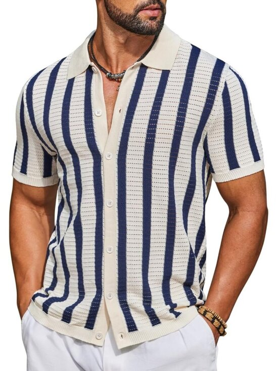 Other - Men's Navy Blue Knit Short Sleeve Button Down Polo Striped Casual Beach Shirt